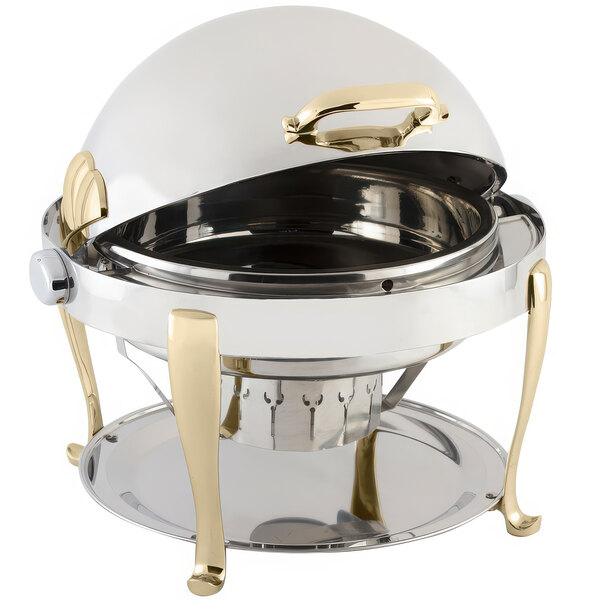 A silver and gold Bon Chef round chafer with a lid.