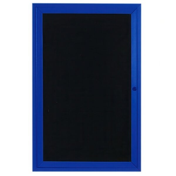 An Aarco blue aluminum message center with a black letter board and frame.