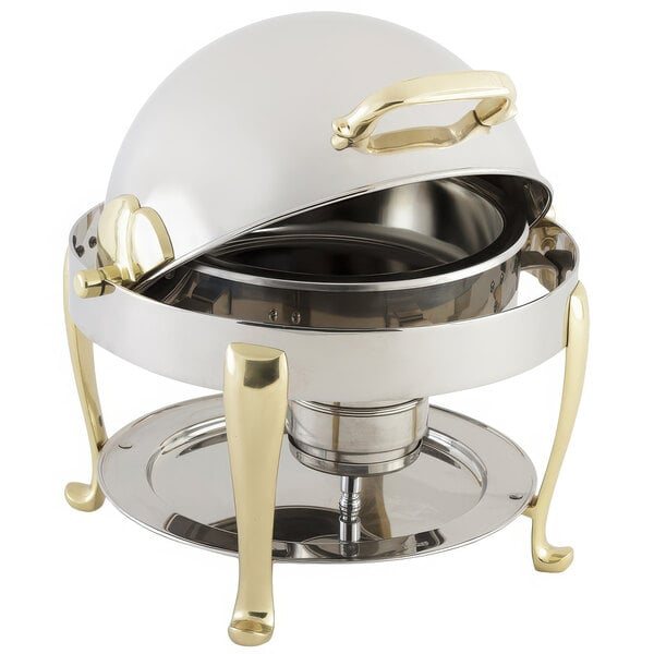 A Bon Chef stainless steel chafer with brass accents and Roman legs.