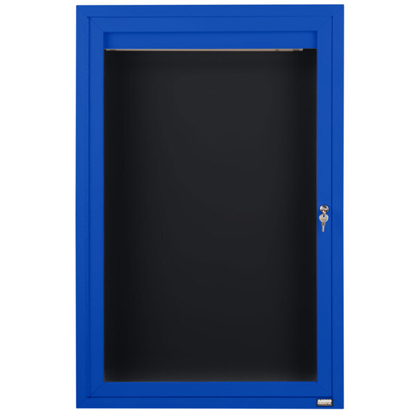 A blue aluminum cabinet with a black door and key.