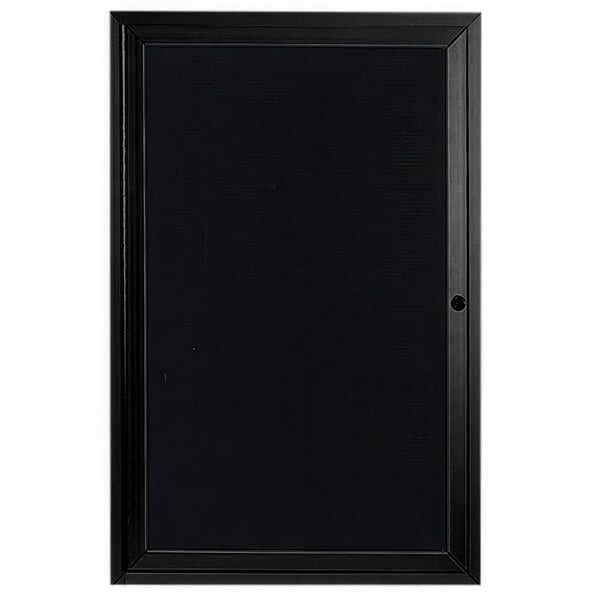 A black rectangular message center with a black border and a black letter board behind a hinged door.