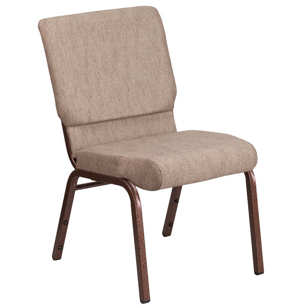 A beige church chair with a copper vein metal frame.