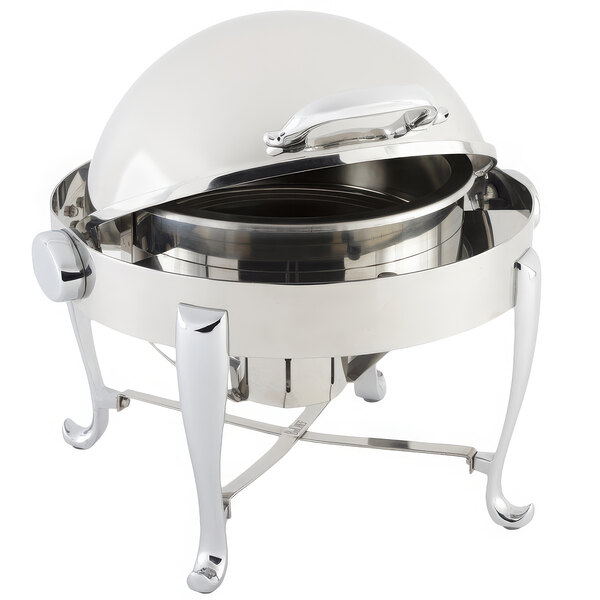 A Bon Chef stainless steel chafer with a roll top lid on a stand with Roman legs and chrome accents.