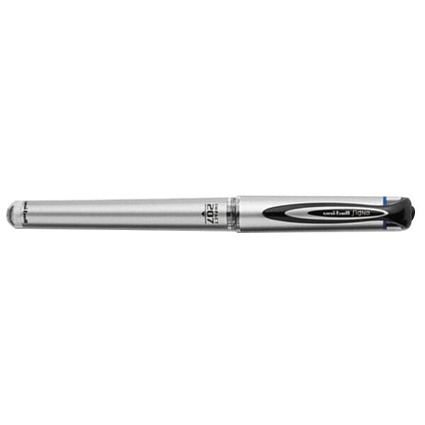 A close-up of a Uni-Ball 207 Impact pen with a silver and black barrel.