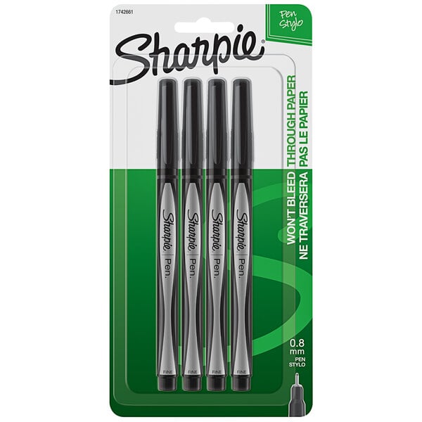 A package of 4 black Sharpie pens with gray and black barrels.