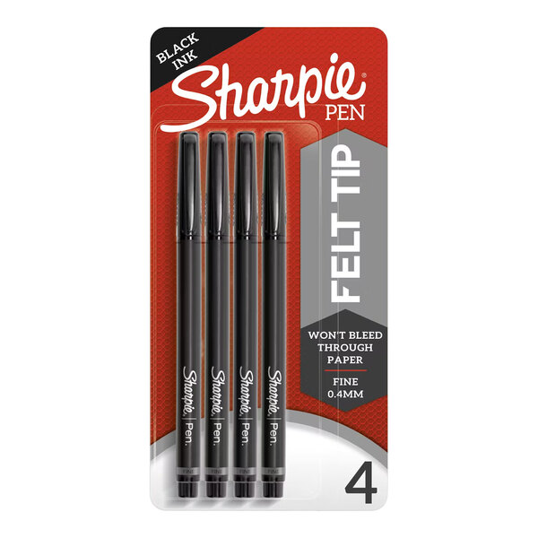 A pack of four Sharpie black ink felt tip pens with gray and black barrels.