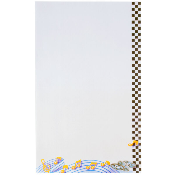 A white sheet of menu paper with a retro jukebox design in yellow and blue.