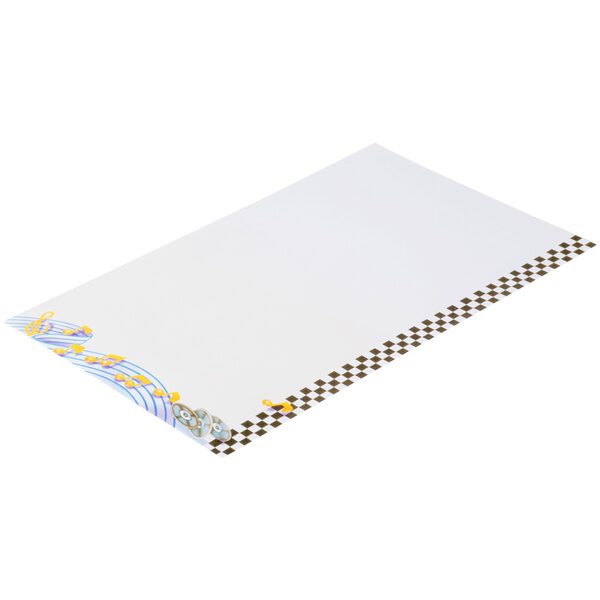 White menu paper with a retro jukebox design on the right insert.