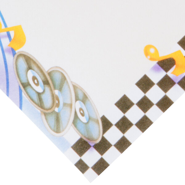 Menu paper with a retro jukebox design on a disc.