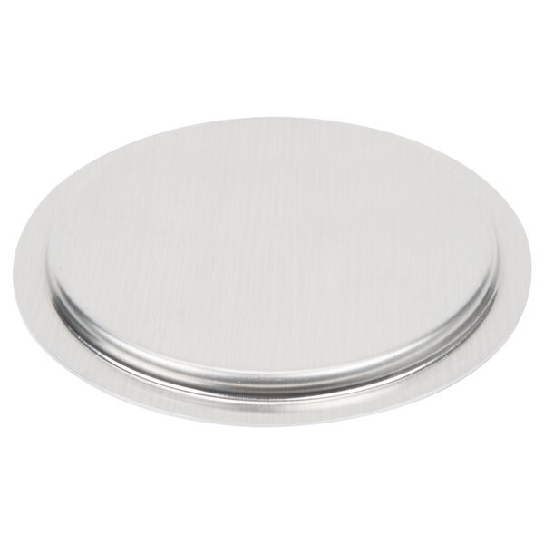 A silver circular Vollrath pot / pan cover with a Torogard handle.