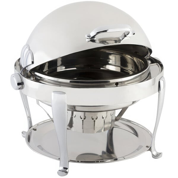 A Bon Chef stainless steel round chafer with chrome accents and a roll top lid on a table.