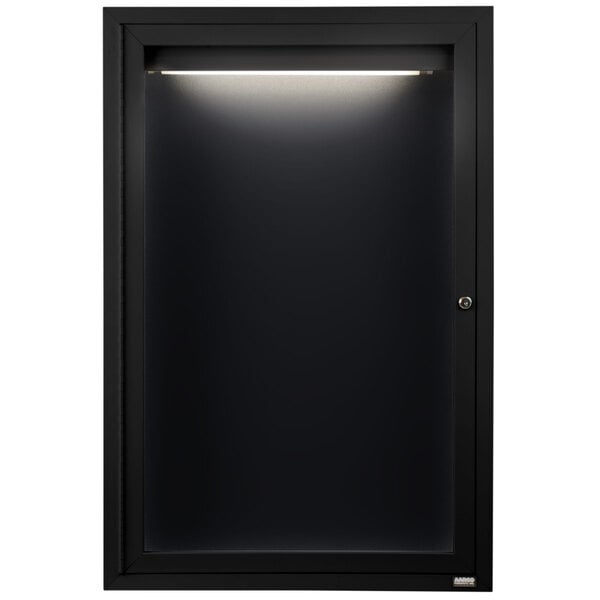 A black cabinet with a light on it and a black framed door with a light on it.