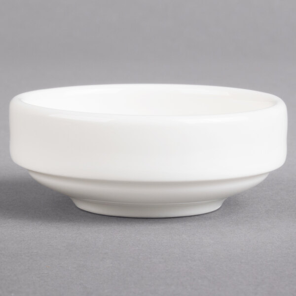 A Villeroy & Boch white porcelain bowl on a gray surface.
