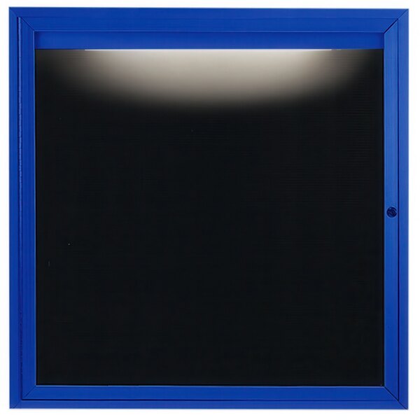 A blue framed enclosed message center with a black letter board inside.