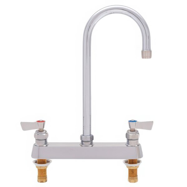 A silver Fisher deck-mounted faucet with 8" centers, swivel gooseneck nozzle, and lever handles.