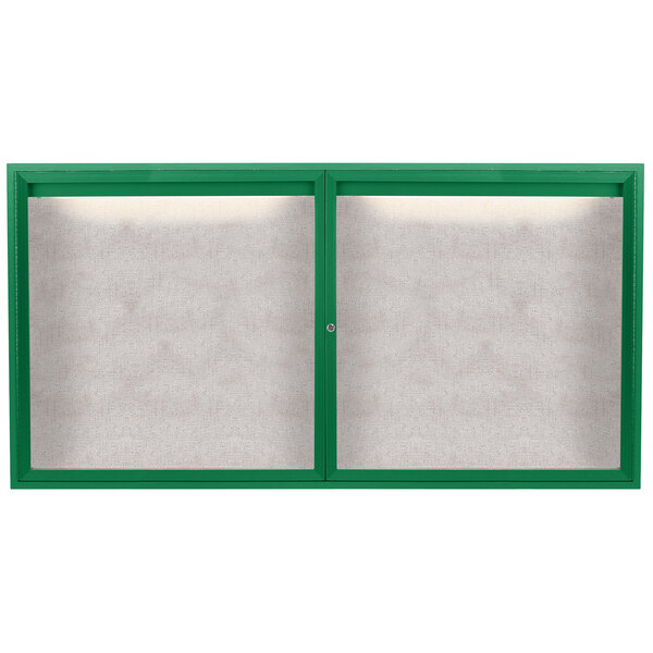 A green window with two white screen doors.