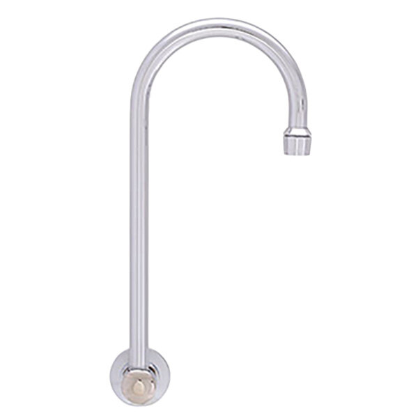 A close-up of a silver Fisher wall mount faucet with a round handle.