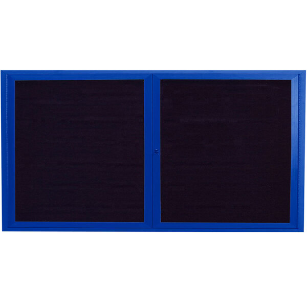 A blue aluminum rectangular message center with black trim on two doors.