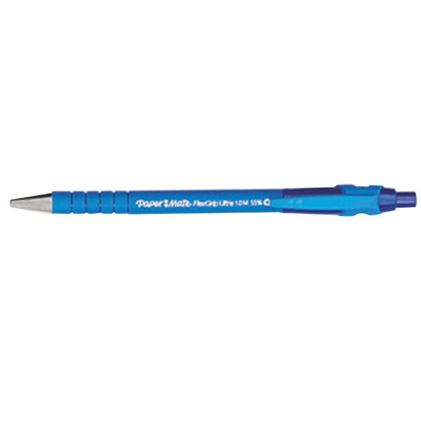 A Paper Mate FlexGrip Ultra blue pen with a silver tip.