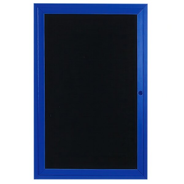 A blue aluminum enclosed bulletin board with a black letter board.