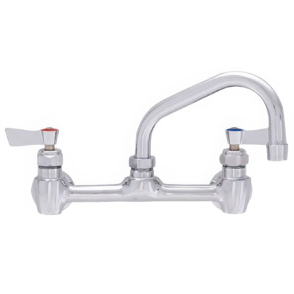 A silver Fisher wall mount faucet with lever handles and a swing nozzle.