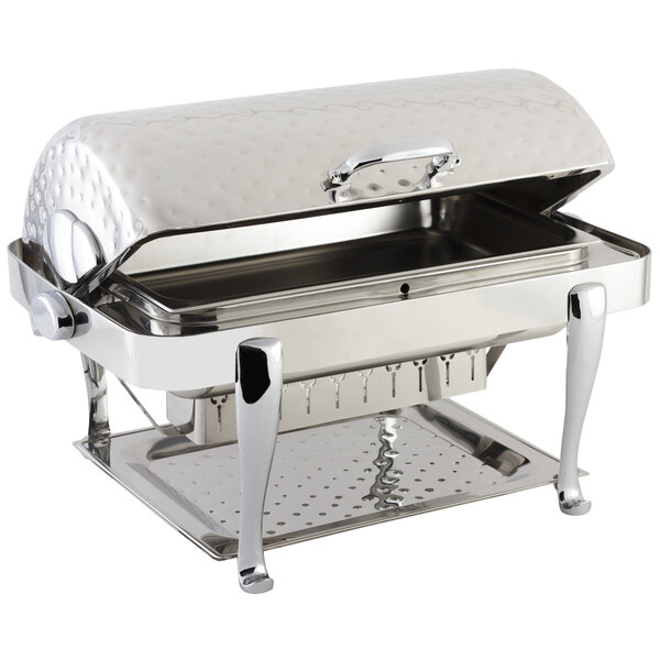 A Bon Chef stainless steel rectangle chafer with a lid and chrome accents.