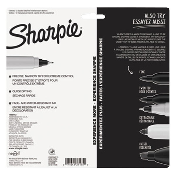 A black package with white text containing black and white Sharpie Ultra-Fine Point markers.