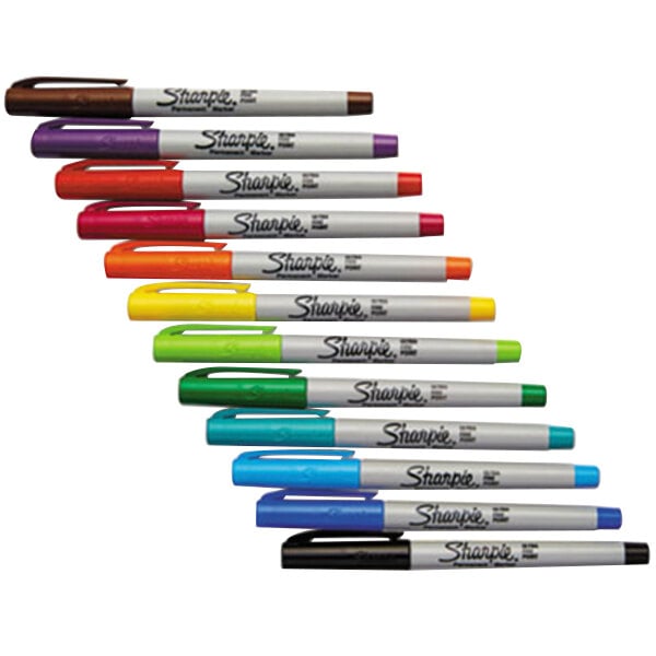 A row of Sharpie ultra-fine point permanent markers in different colors.
