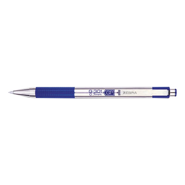 A close-up of a Zebra G-301 blue gel pen with a silver tip.