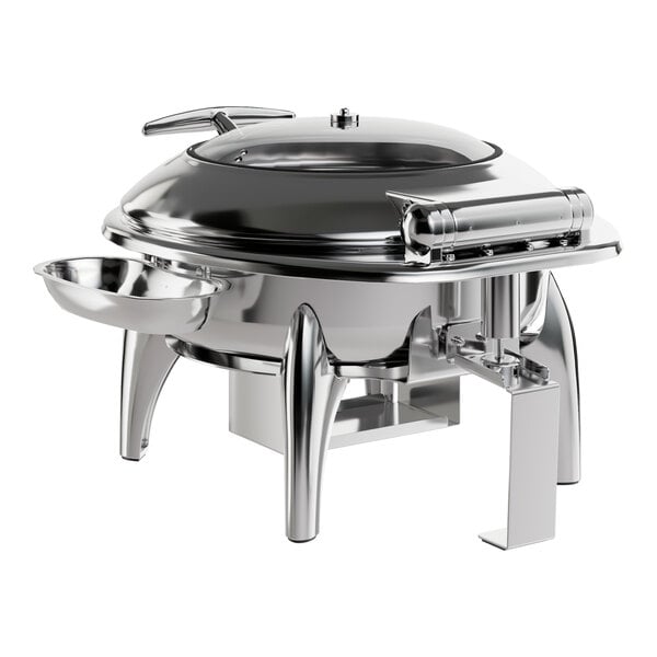 An Acopa stainless steel round chafer with a lid on a stand.
