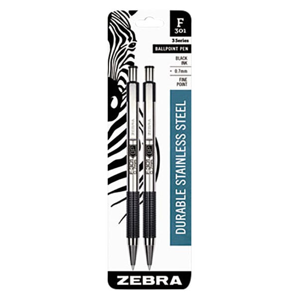 A package of two Zebra stainless steel F-301 ballpoint pens.