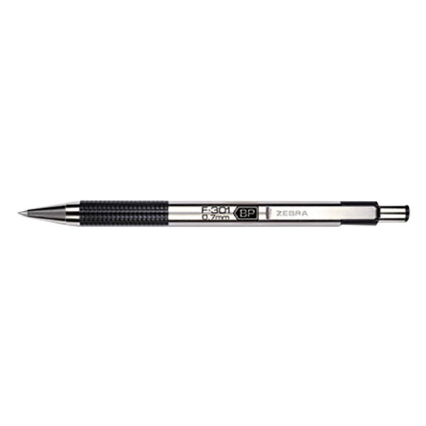 A close-up of a Zebra F-301 pen with a black tip and silver trim.