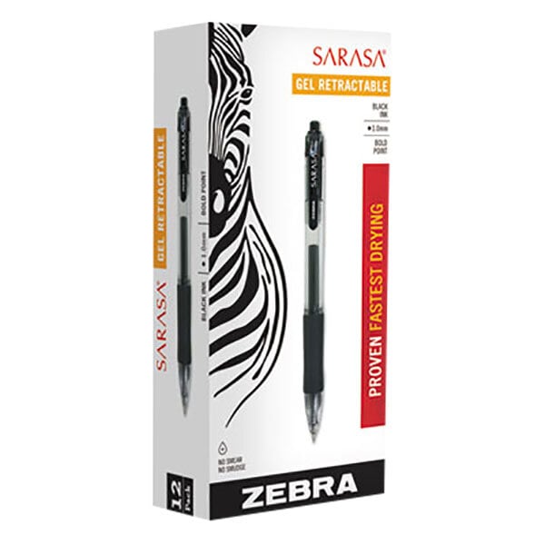 A package of Zebra Sarasa Black Ink Retractable Gel Pens with a pen in a box.