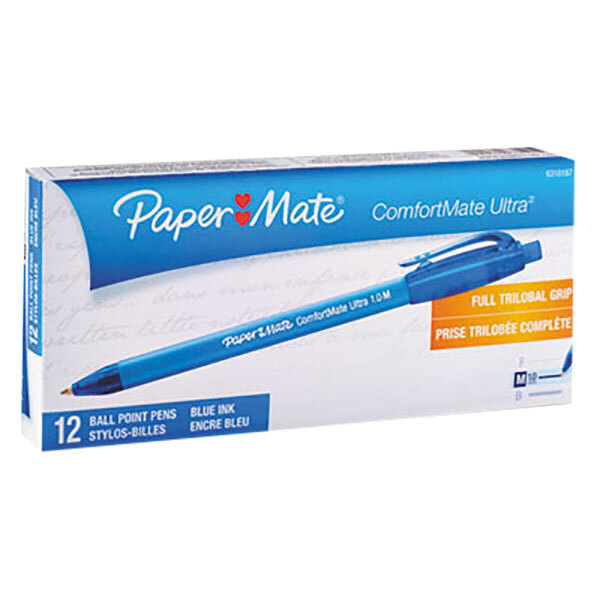 A box of 12 Paper Mate blue ComfortMate Ultra RT pens with blue barrels and white text.