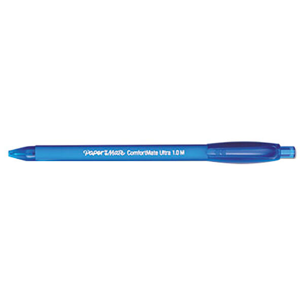 A blue Paper Mate ComfortMate Ultra retractable pen with blue barrel and cap.