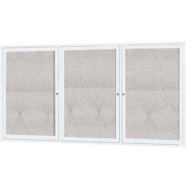 A white Aarco bulletin board cabinet with three enclosed white doors with glass panels.