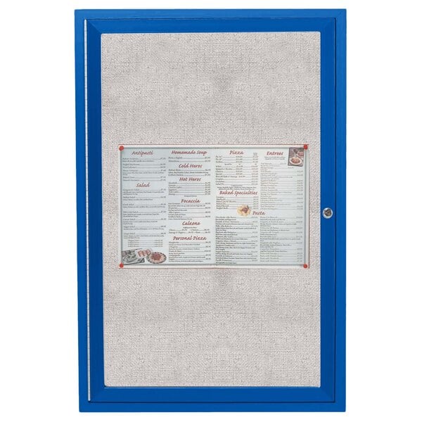 An Aarco blue powder coated bulletin board cabinet with a menu on it.