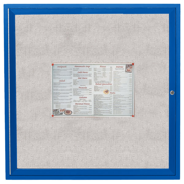 An Aarco blue bulletin board cabinet with a menu inside.