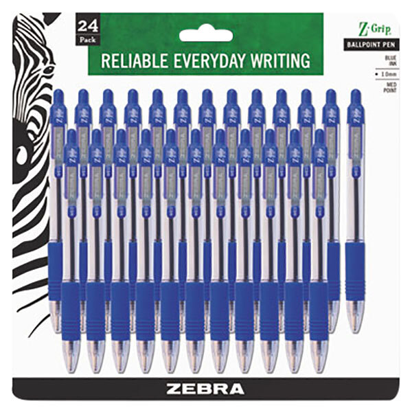 A pack of Zebra Z-Grip retractable ballpoint pens with clear barrels and blue ink.