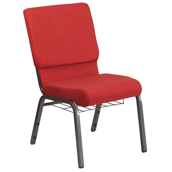 A red Flash Furniture church chair with metal legs.