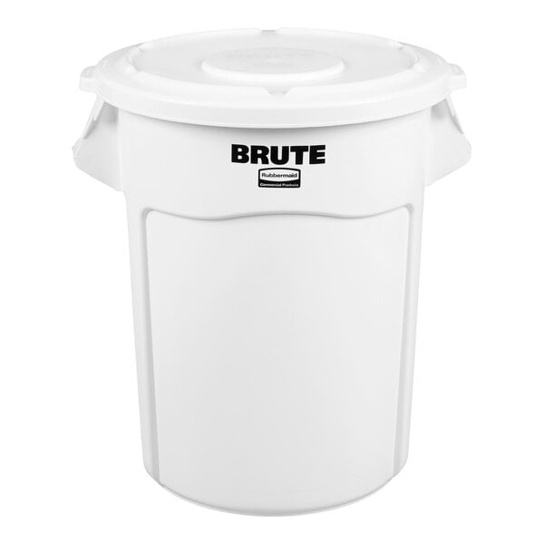 A white Rubbermaid BRUTE round plastic trash can with a lid.