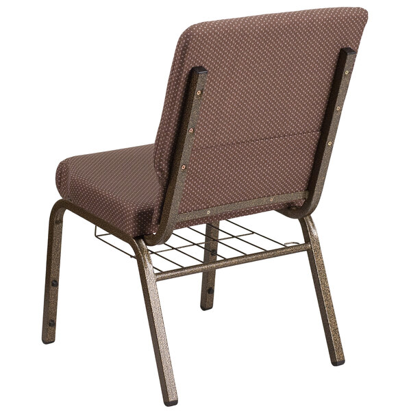 A brown church chair with a gold metal frame and white dots on the back.