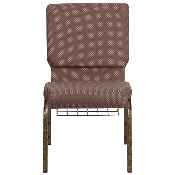 A Flash Furniture church chair with a gold metal frame and brown fabric with white dots and a wire book rack.