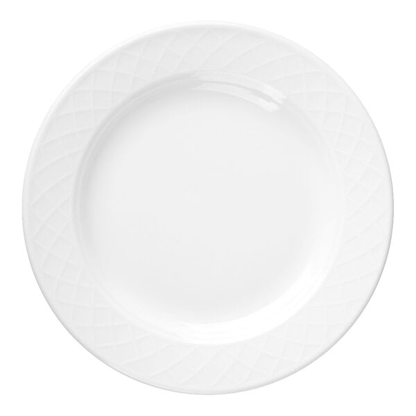 A round white plate with a subtle crisscross pattern on the rim.