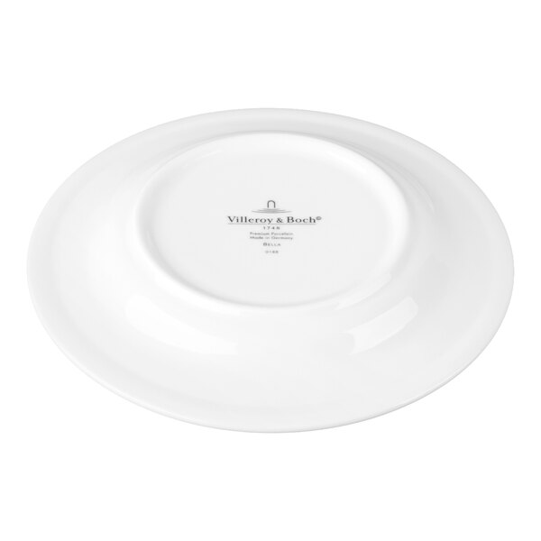 A white porcelain plate shown upside down, displaying the Villeroy & Boch branding and product information on the bottom.