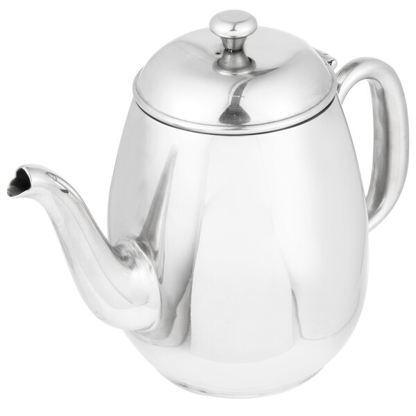 A silver stainless steel Vollrath teapot with a lid.