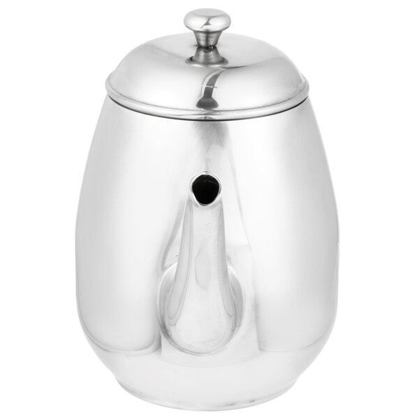 A silver Vollrath Orion stainless steel teapot with a lid.
