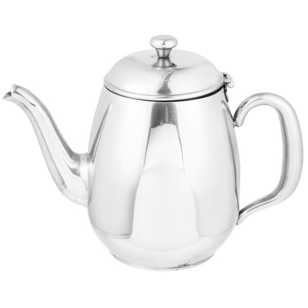 A Vollrath stainless steel teapot with a lid.