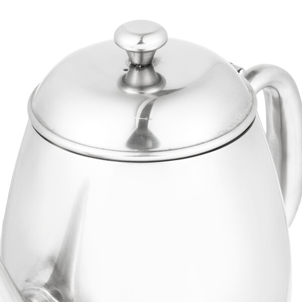 A Vollrath stainless steel teapot with a lid.