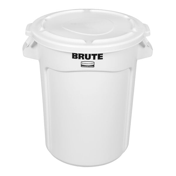 A white Rubbermaid BRUTE round plastic trash can with a lid.